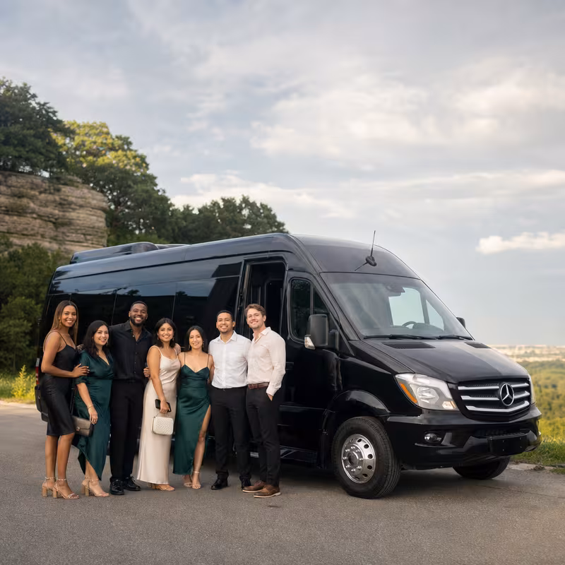 Group beside a Mercedes Sprinter limo from the Omaha fleet
