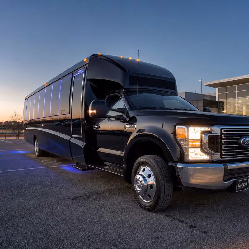 Party bus interior with wraparound leather seating and LED lighting in Omaha
