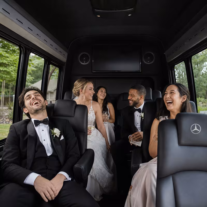 Black Mercedes Sprinter van staged for an Omaha Wedding Transportation group